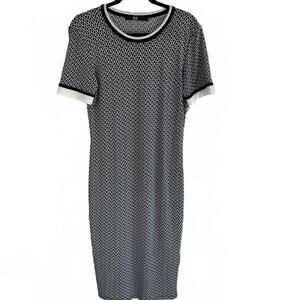 Bedo Women Black & White Short Sleeve Chain Midi Print Dress - Size L